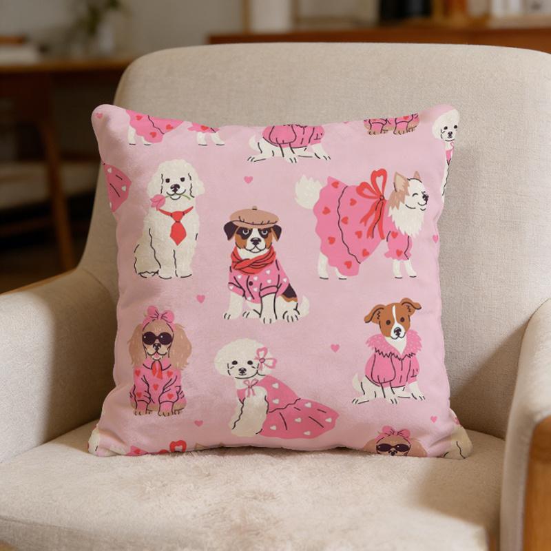 1pc Pillowcase, a Stylish Solid Pink Cute Dog-themed Pillowcase with a Zipper Design. The Pillowcase Features a Popular Dog Pattern, Made of Soft and