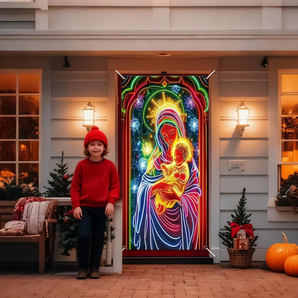 Christmas Front Door Cover 35x71inch Glowing Large Festive Door Covers Holiday Party Banner Decoration For Indoor Outdoor Home
