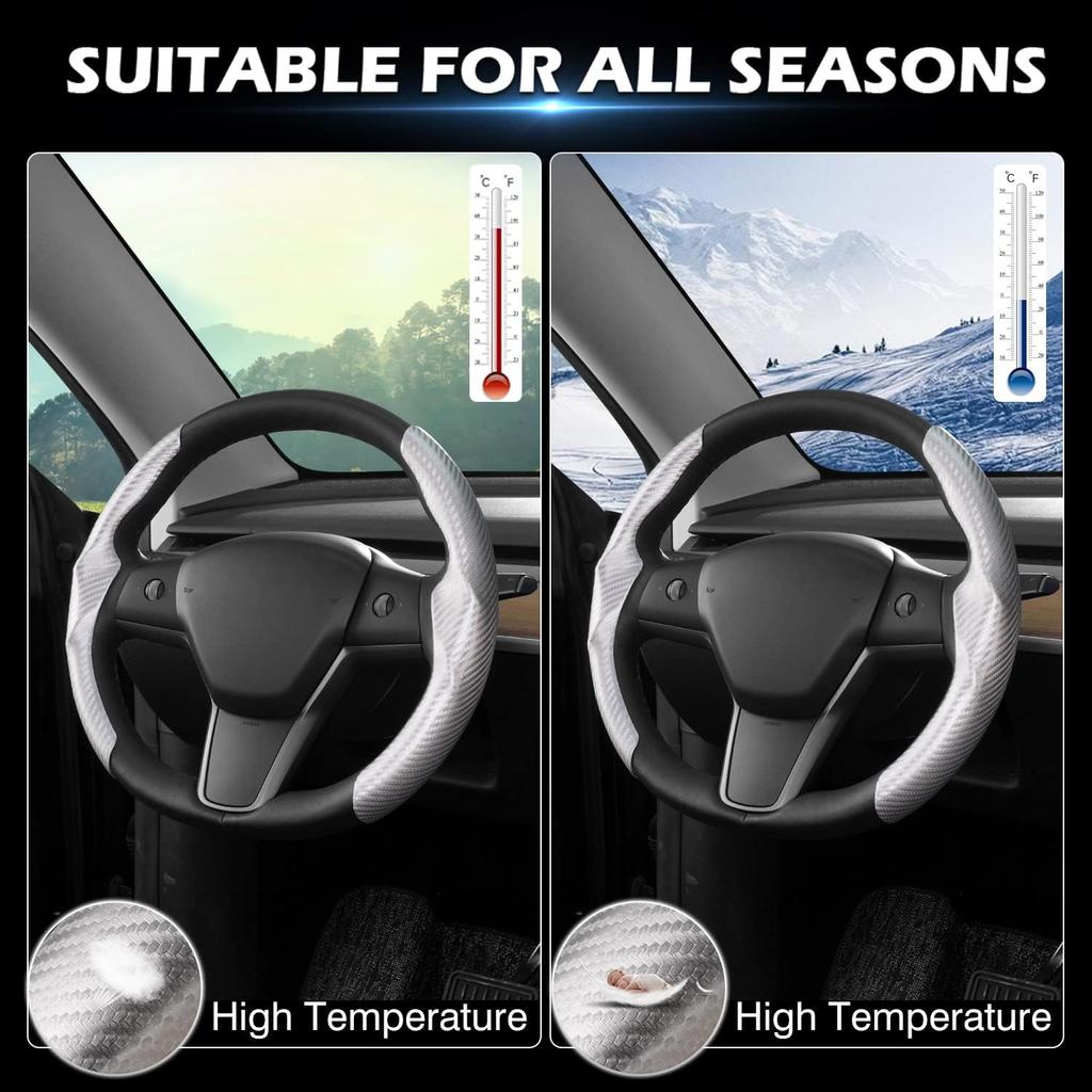 Silver Steering Wheel Cover For Tesla Model 3/Y 2016-2025 2026 Juniper/Highland | Non-Slip, Segmented, -Fit, Carbon Fiber | Model Y Juniper