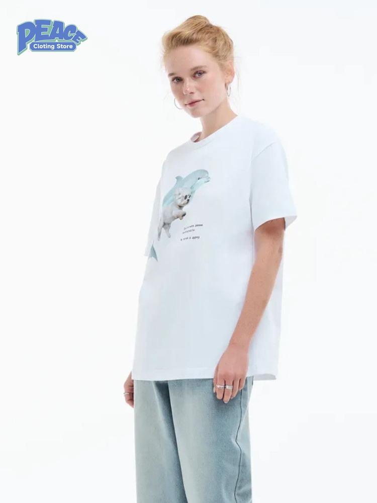 Cute Dolphin and Dog Printed T-shirt 100% Cotton T-shirt Women's Clothing Summer Fashion Casual Comfy Short Sleeve Top Vintage