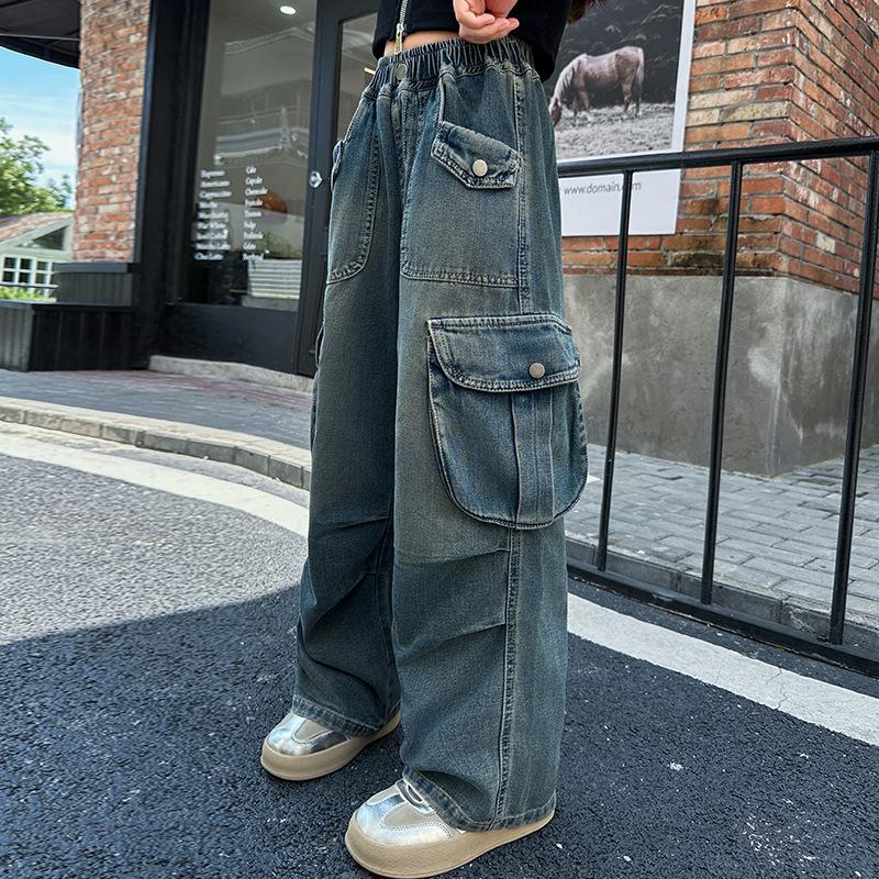 Weitbeinige Hosen Teenager Mädchen Jeans mit großer Tasche Vier Jahreszeiten Hohe Taille Mode Blau Cargo Denimhosen