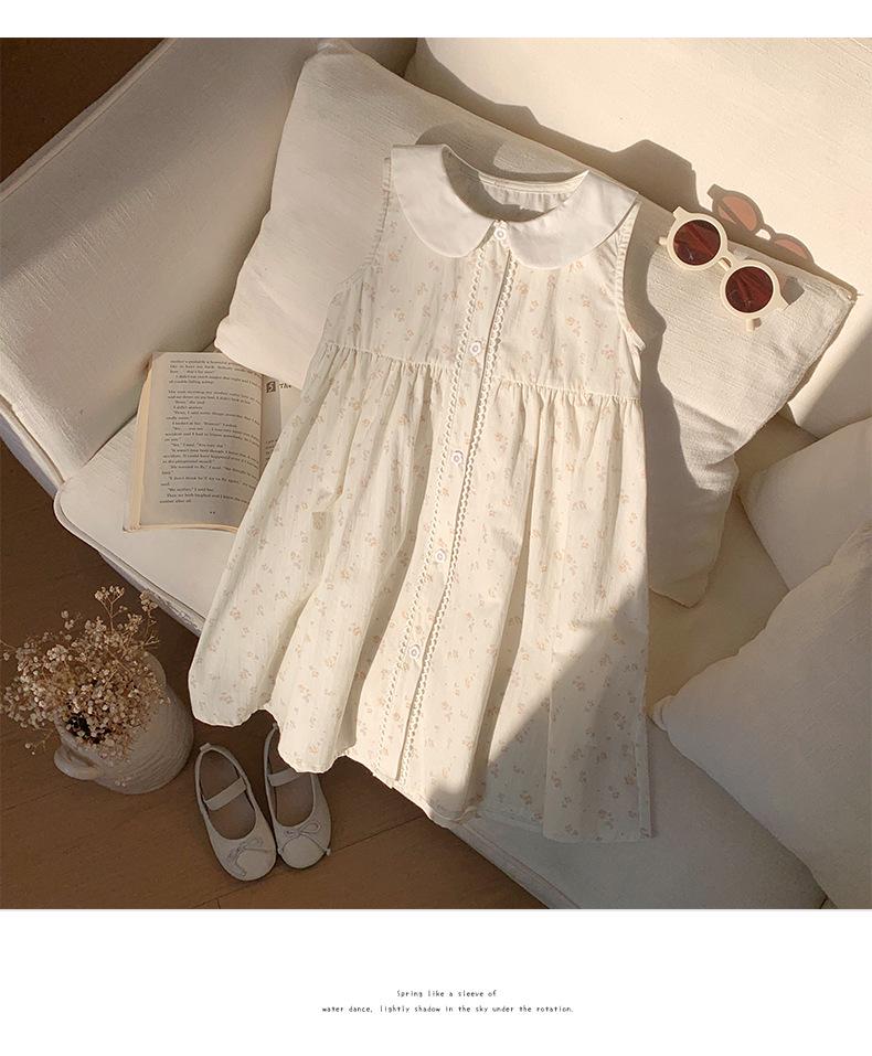 Korean Style Girls' Floral Dress - Summer 2026 Cotton Lace Sleeveless with Doll Collar
