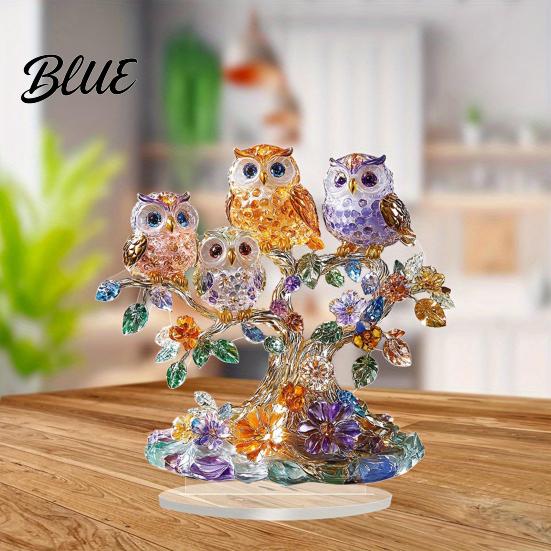 2D Acrylic Owl Realistic Figurine Perched Ornament Tree Decoration Owls with Base Colorful Flower Ornament for Desktop Bookshelf Decor