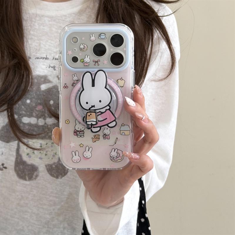 Little Rabbit Magnetic Cartoon Notebook Phone Case for iPhone 17/16 Pro Max/15 Pro - Girly Heart Design