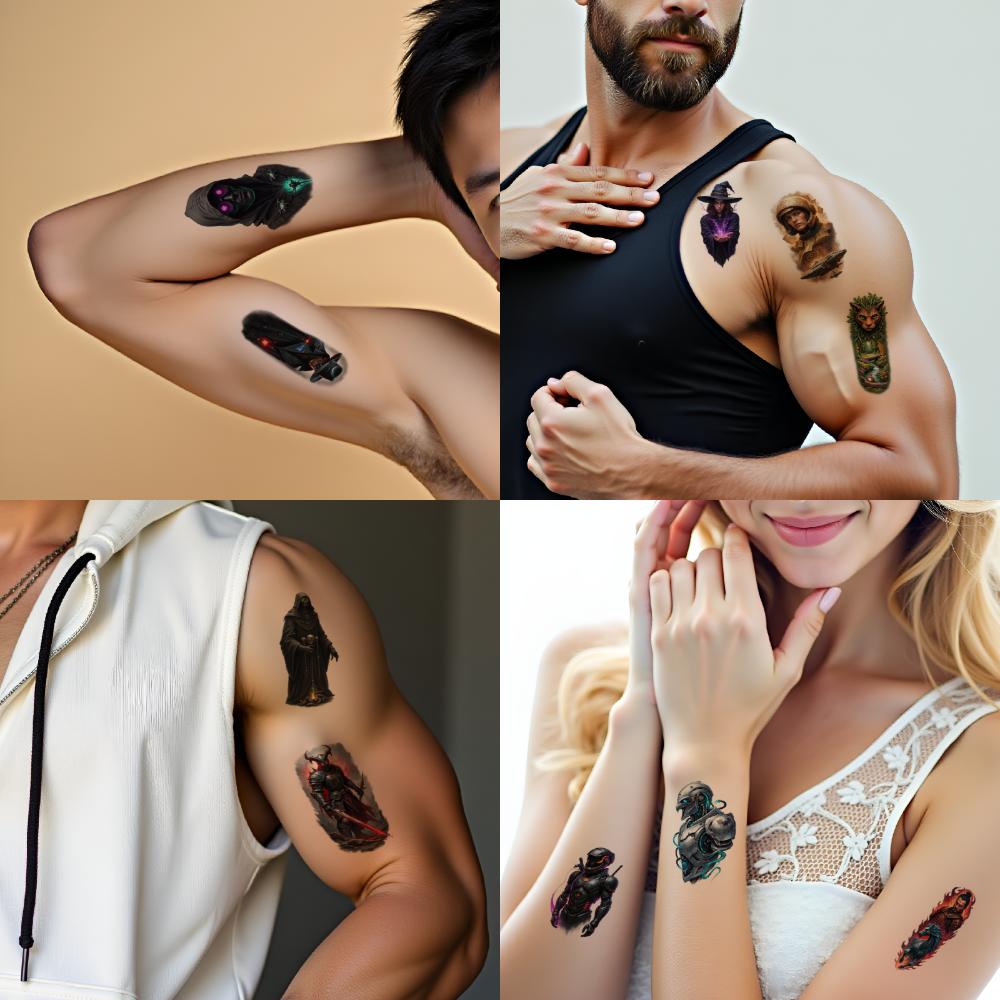 9pcs Temporary Tattoo Waterproof Long-lasting Body Stickers Space Explorer Warrior With Staff Hooded Figure For Arms Male