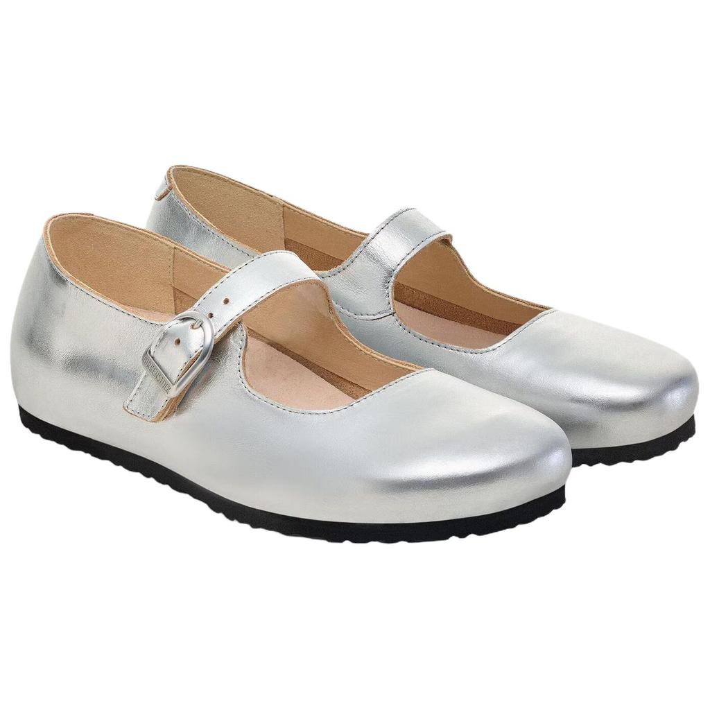 Birkenstock Santa Clarita Leather Flat Mary Jane Shoes Women's Silver Narrow 1030679