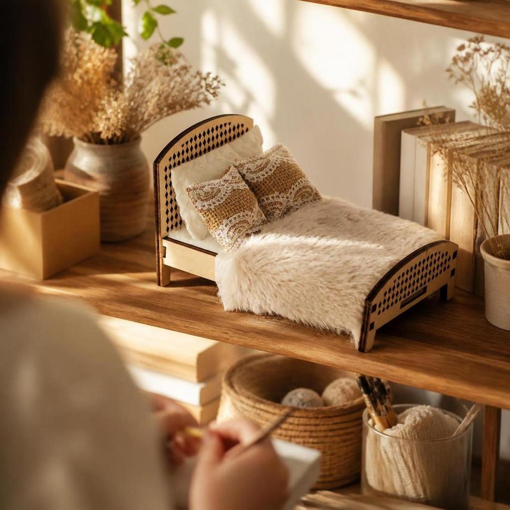 Dollhouse Bed Wooden Miniature Sturdy for Children