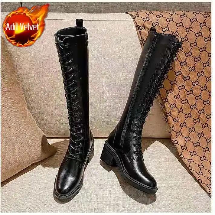 Leather Elegant Ladies Knee High Shaft Shoes Round Toe Demi-season Large Size Warm Trend 2024 New In On Offer Women's Long Boots