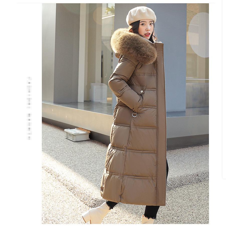 

Женская длинная хлопковая куртка до колена с большим меховым воротником, зимняя теплая толстая свободного кроя большого размера XL кофейный