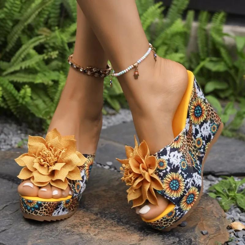 Fashion Women's Large Size Slippers Wedge Heel Flower 10.5cm Heel High Shoes Women Leisure Dress Roman Office Lady Zapatillas De Mujer