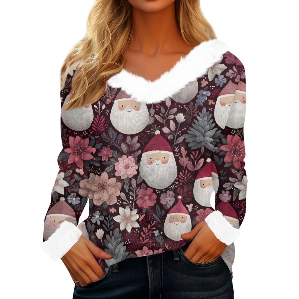 Women's Casual Fashion Long Sleeve Christmas Printed Flannel Collar Top