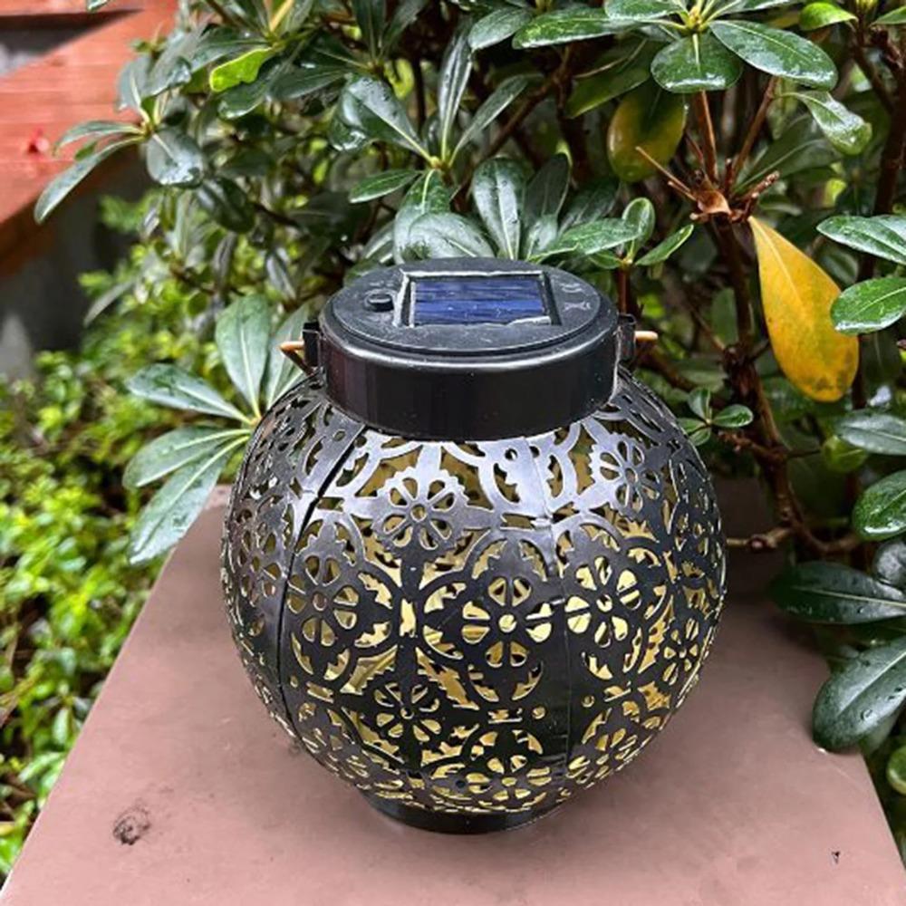 Solar Powered Iron Projection Light Outdoor Garden Hanging Lantern With Hollow Out Design For Patio Fence Decoration