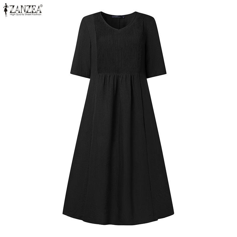 ZANZEA Women Casual Round Neck Summer Half Sleeve Dress