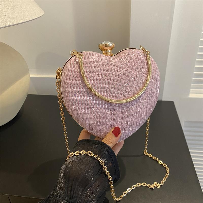 Evening Clutch Bag Women Bag Shiny Handbag Heart Shape Metal Clutches Bag Fashi Chain Shoulder Crossbody Bag Luxury Lady Purse