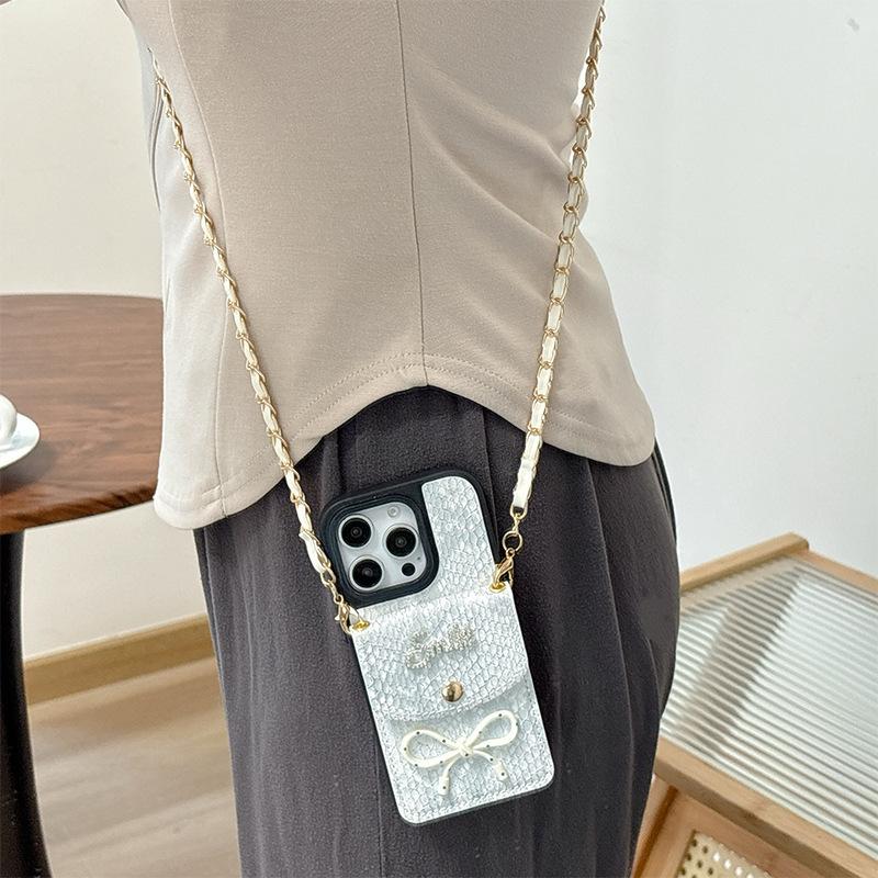 For Apple 16plus Crossbody Coin Purse Mobile Phone Case for IPhone17 Bow Tie Snakeskin Pattern Card Holder 14 Imitation Leather 15
