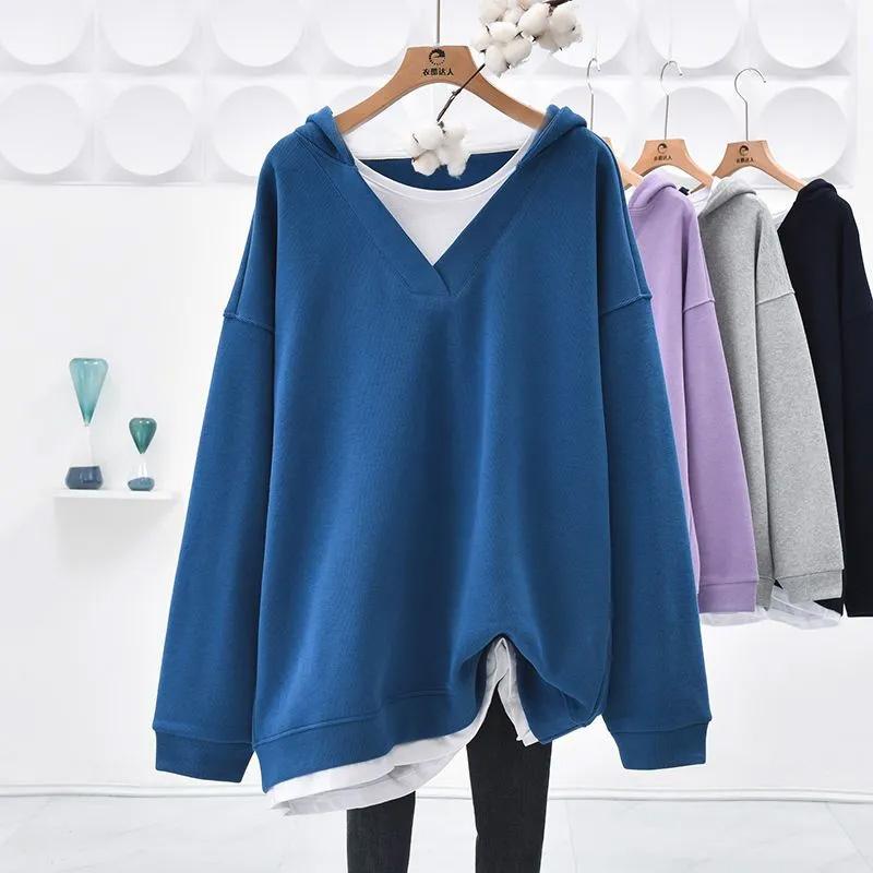Sweatshirt for Women Cotton Loose Oversized False Two Piece Comfortable Round Neck Casual Pullover Top Hooded Sweatshirt