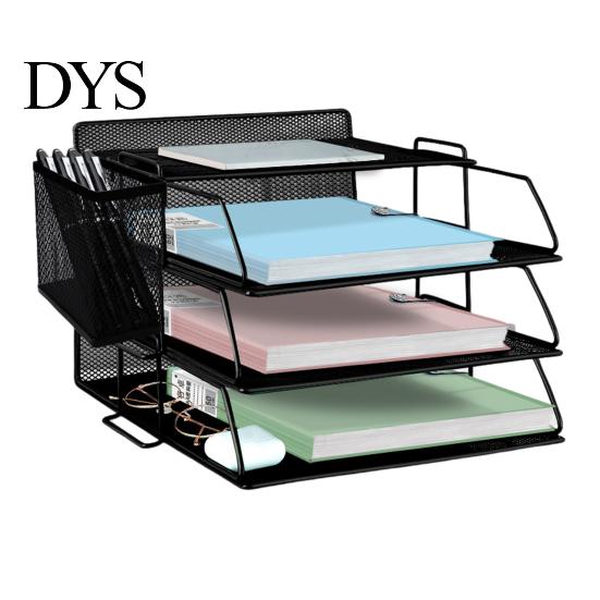 Metal Mesh Organizer 4-Tier Office Storage Rack with Pen Holder Desk Organization Desktop File Stand Manager Accessories Clutter