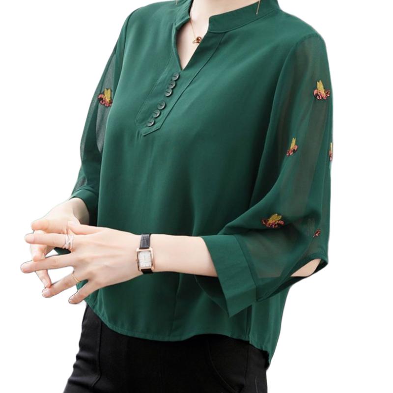 Damen Lässiger Pullover im koreanischen Stil mit Polokragen Locker Bestickte Chiffonbluse