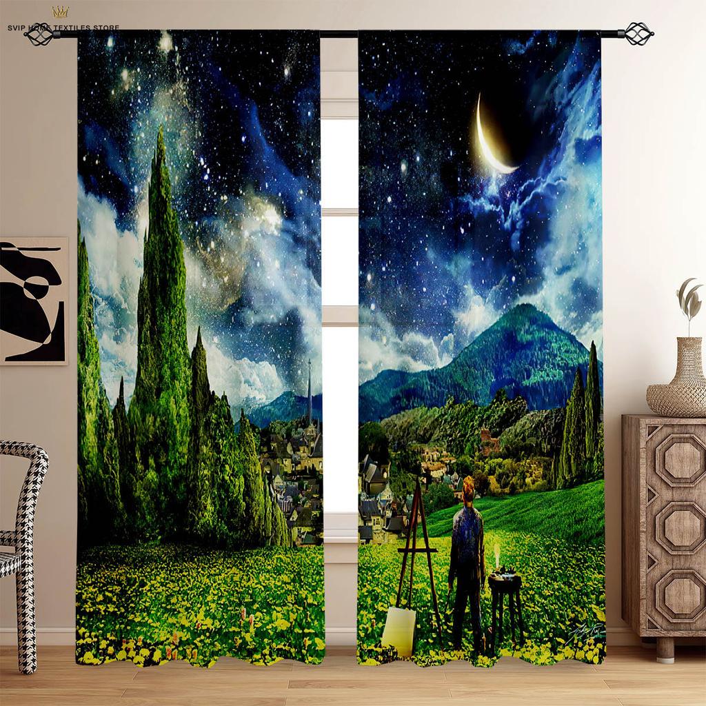 Tramonto Cielo Stellato Paesaggio Pittura a Olio Tende Stampate Camera da Letto Soggiorno Studio Dormitorio Tende Decorative 2 Pezzi
