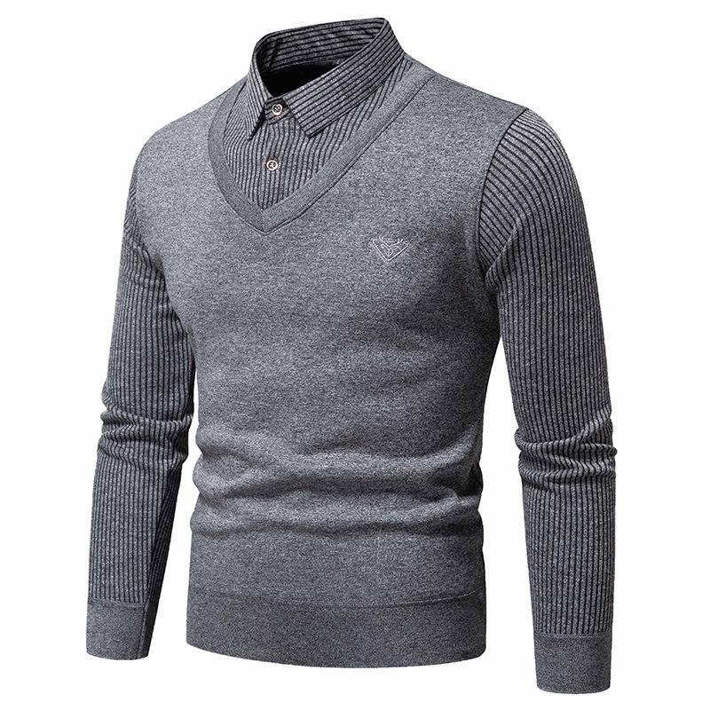 Men's Trendy Striped Two-Piece Look Pullover Sweater - Warm, Velvet-Lined Knitwear for Autumn/Winter