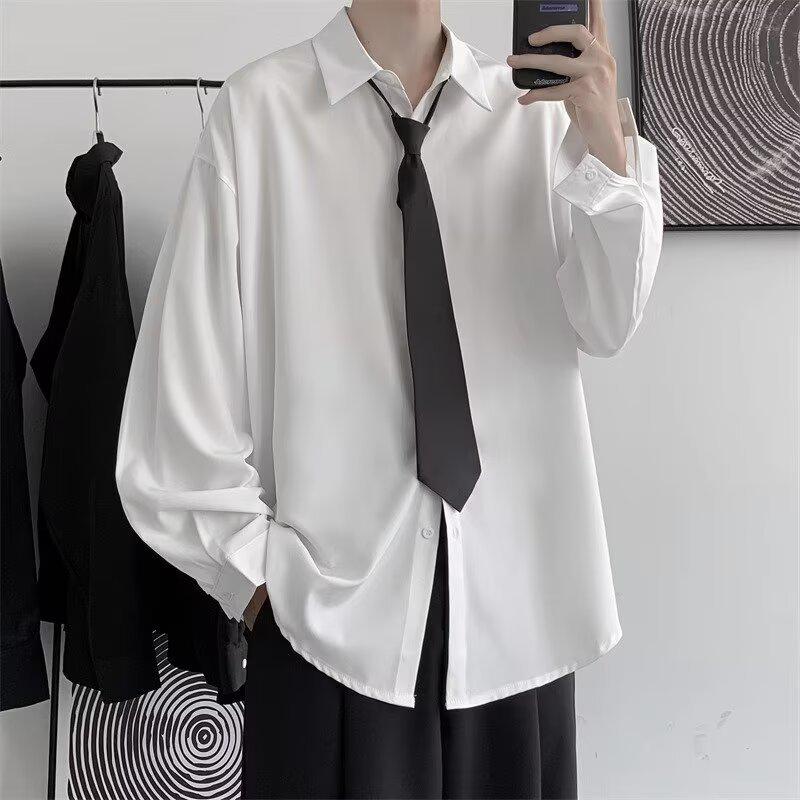 Unisex Solid Color Long Sleeve Tie Shirt - Trendy Korean Style for Spring/Autumn
