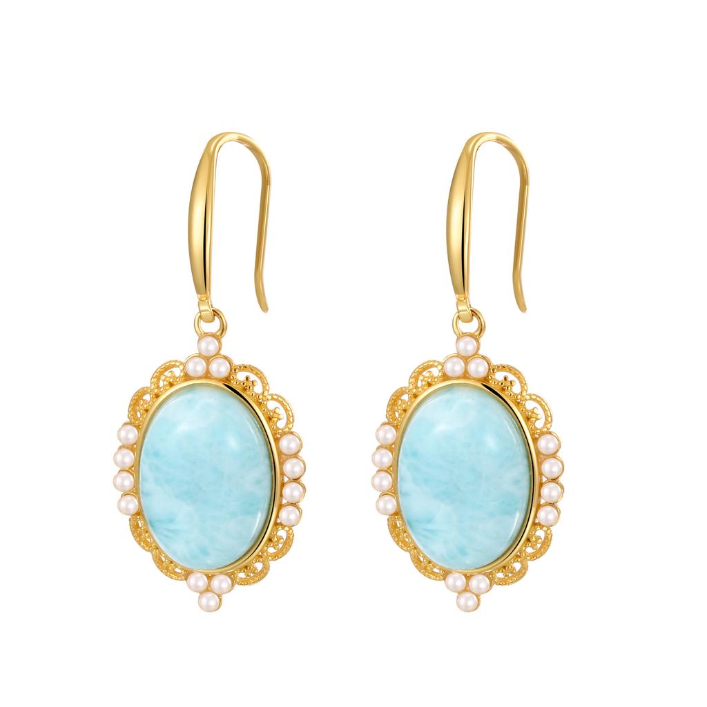 Natural Sea Pattern Stone Sterling Silver S925 Earrings Women's Exquisite Versatile Temperament Fashion French Retro Earrings