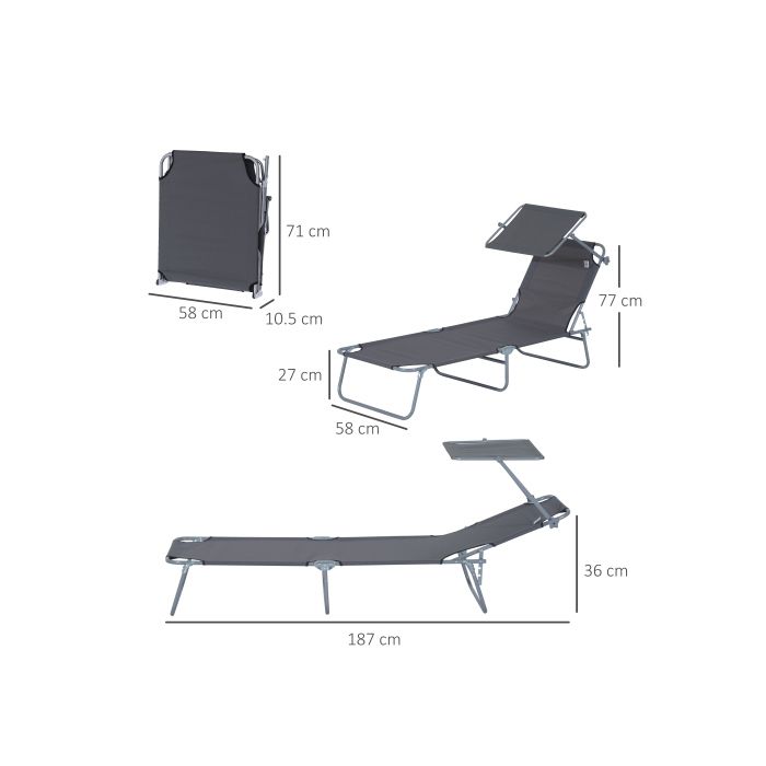 Chaise longue - Outsunny - Pliable - Protection solaire réglable - Métal gris 187x58x36 cm