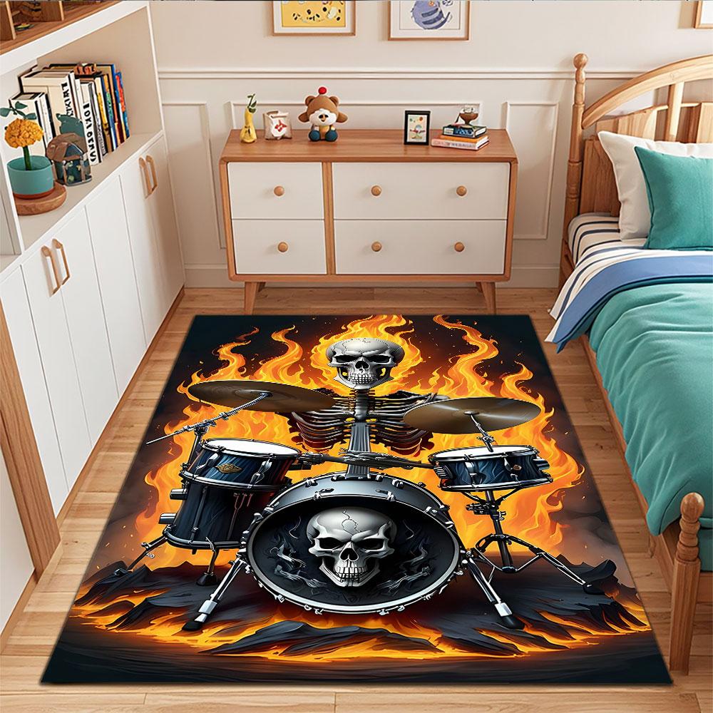 "Skeleton Drummer in Fiery Blaze" Patterned carpet, suitable as a non slip play mat for the living room and bedroom sofa