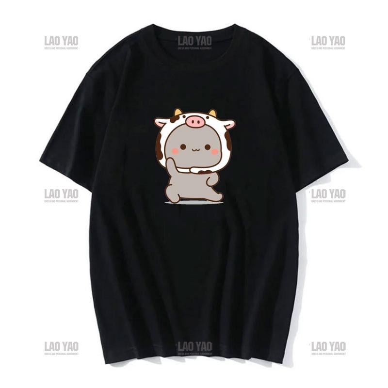 Słodka brzoskwiniowa kotka z kreskówkową parą nadrukowaną koszulką unisex szara wysłana kwiaty do brzoskwiniowej koszulki nowy styl miłośnicy ubrań casualowa koszulka