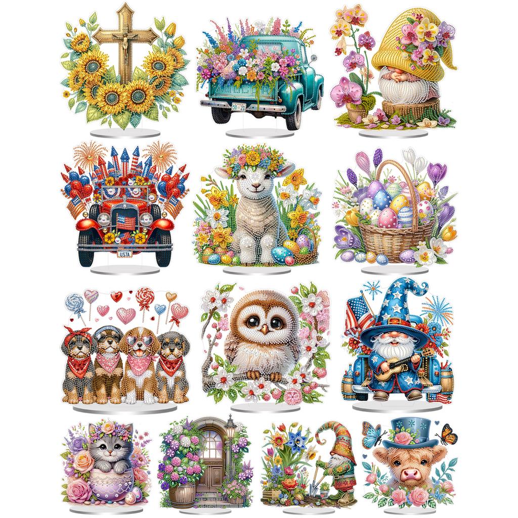 2D Flat Animal Flowers DIY Acrylic Diamond Painting Tabletop Ornaments Kit Special Shaped for Adults Home Office Table Decor