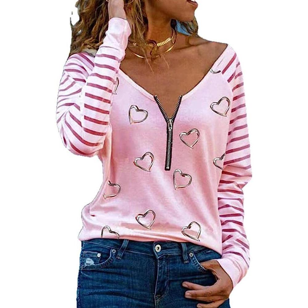 Autumn Winter Europe and America New Love Printing Zipper Long Sleeve T-shirt Women