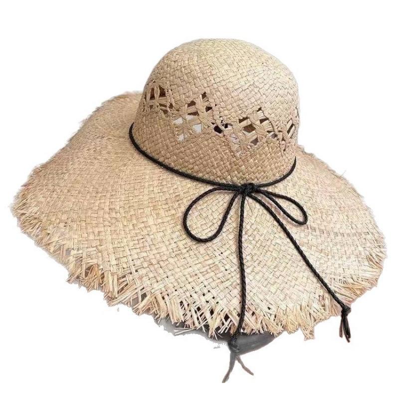 New Big Brim Rough Edge Lafite Straw Hat Women's Seaside Vacation Sunscreen Photo Hat Sun Hat Hollow Face Hat