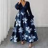 European and American Large-size Autumn New Temperament Elegant V-neck Printing Contrasting Color Medium and Long Dress