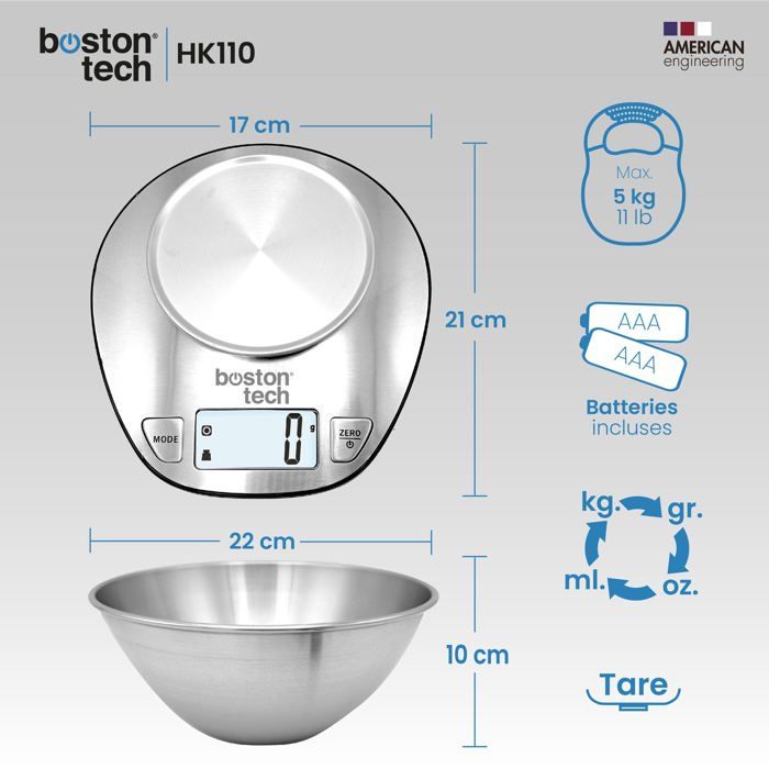 Balance de cuisine numérique - boston tech - hk110 - acier inoxydable - étanche - précision 5kg