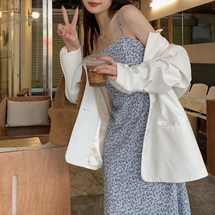 Fresh Mori style floral suspender slim dress women's summer sexy and thin one-word collar A-word medium and long skirt