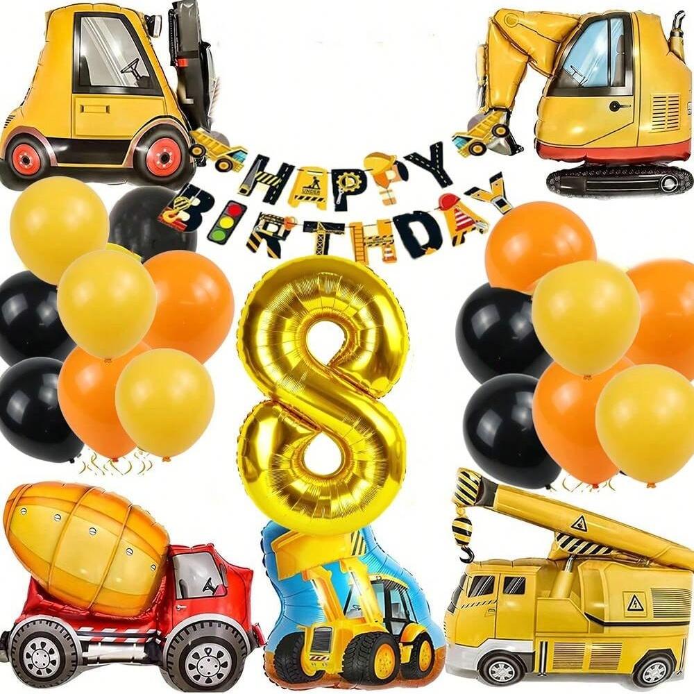 22Pcs Excavator, Tractor Engineering Vehicle Balloon Number 1~9 Balloons  Engineering Vehicle Flag Birthday Banner Decoration
