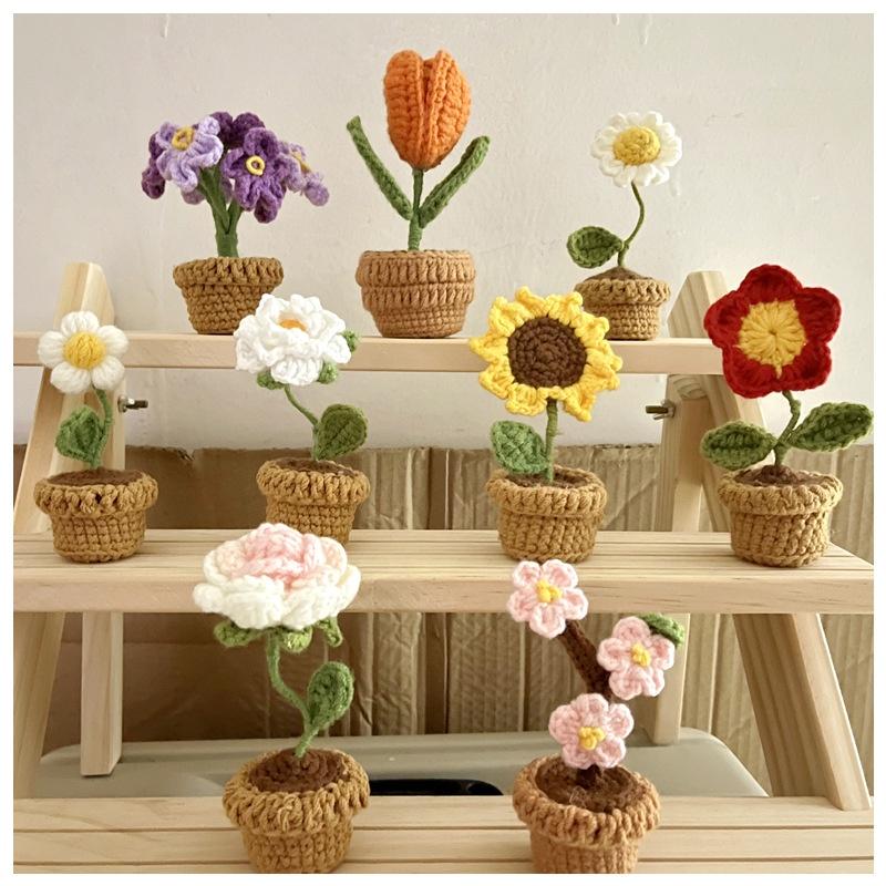 Potted Plant Handmade Crochet Artificial Knitting Flower Home Decor Diy