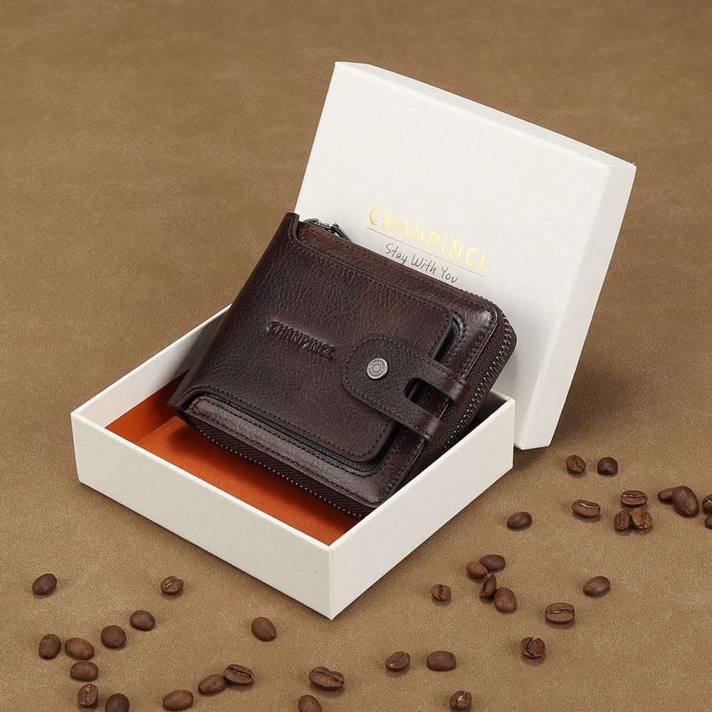 

Мужской кожаный кошелек с пряжкой и молнией - многофункциональный, с карманом для монет коричневый/кофейный