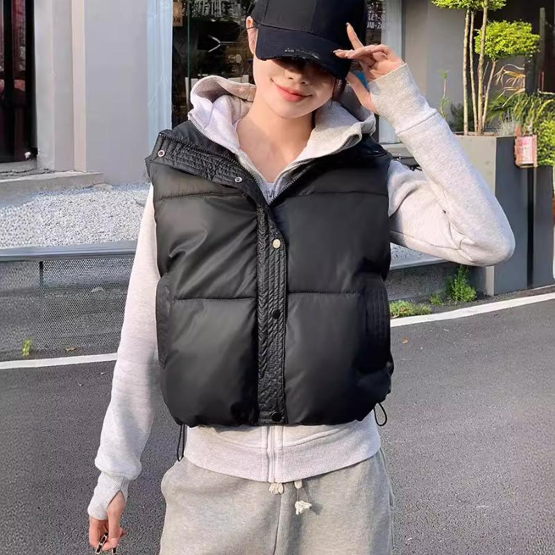 Autumn Winter Solid Color Zip-up Stand Collar Short Down Cotton Vest Slim Fit Outer Wear Student Vest Jacket