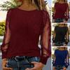 Camiseta de Mujer Cuello Redondo Malla Calada Manga Larga Abullonada Tops Suaves Elásticos Pedrería Brillante Ajuste Regular Camiseta Fiesta Ropa Casual