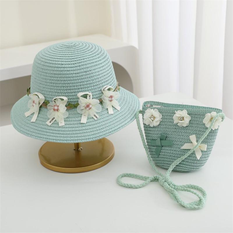 Straw Hat 2pcs Suit Cute and Shoulder Bag Girls Cartoon Bear Children Sun Hat Bag Set Spring Beach Hats For BoyGirl Kid Brim Cap