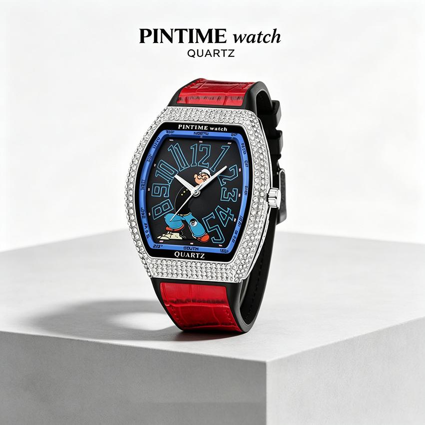 New Iced Out Men's Watch Tonneau Luxury Diamond Hip Hop Quartz Watch Cartoon Sailor Man Creative Fashion Relogio Masculino