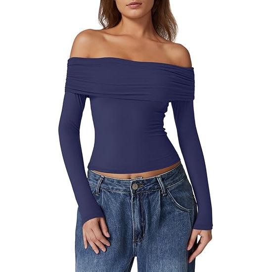 European & American Women's Strapless Double-Layer Long-Sleeve Pullover Top - 2024 Trendy Off-Shoulder Style
