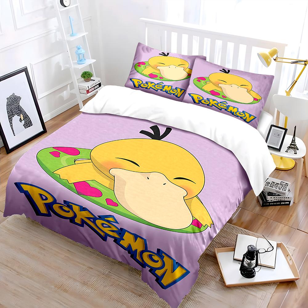 Free Shipping! Cute P-Psyduck Theme Bedding Set 3 Pieces Quilt Cover Pillowcase  Us Twin Adult Bed Cover Bedroom Set Kids Gift