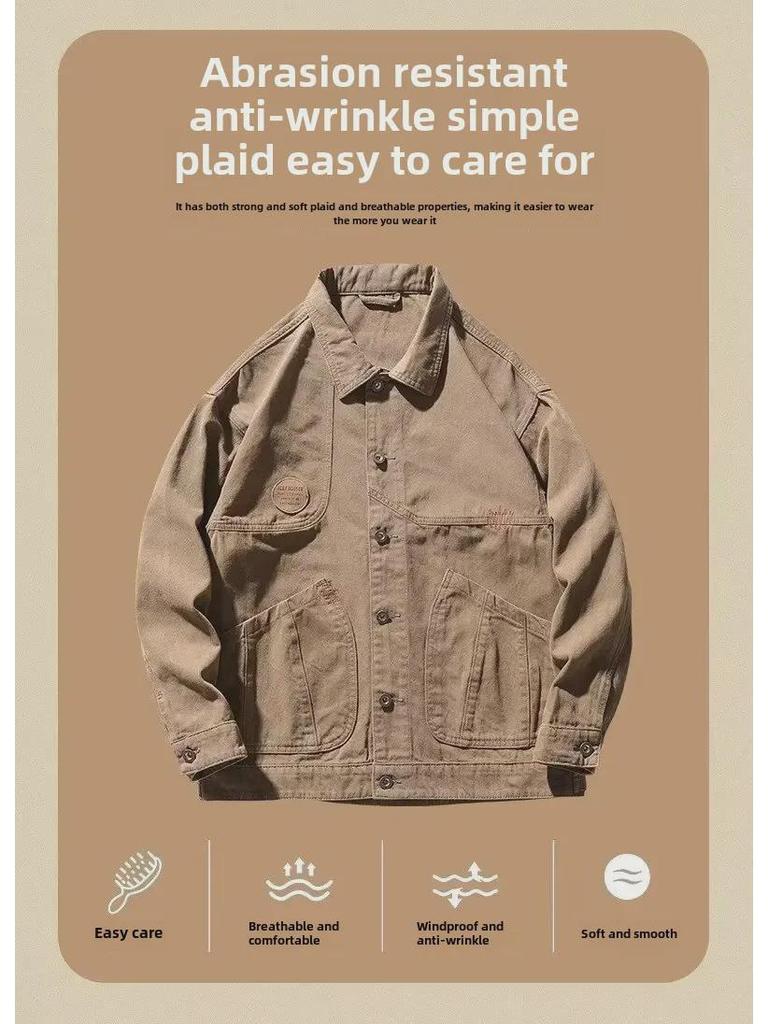 Pánská vintage hnědá voskovaná džínová lovecká bunda - Retro podzimní pracovní oděv, volný a trendy styl