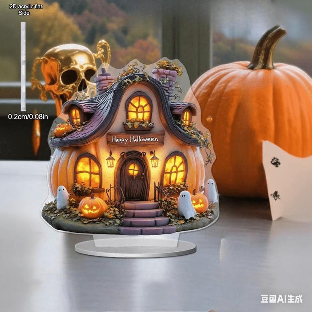 1pcs Halloween Pumpkin House Castle Bat and Ghost Acrylic Room Decoration - 2D Flat Acrylic Desktop Ornament, Four Seasons Decoration