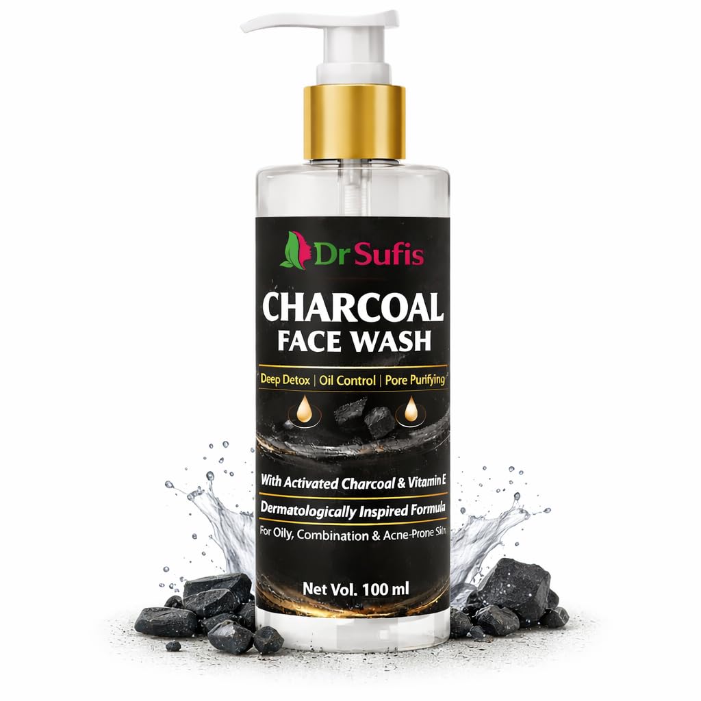 Dr. Sufis Charcoal Face Wash 100ml - Deep Detox Oil Control Cleanser with Activated Charcoal & Vitamin E | Pore Purifying for Oily, Combination & A