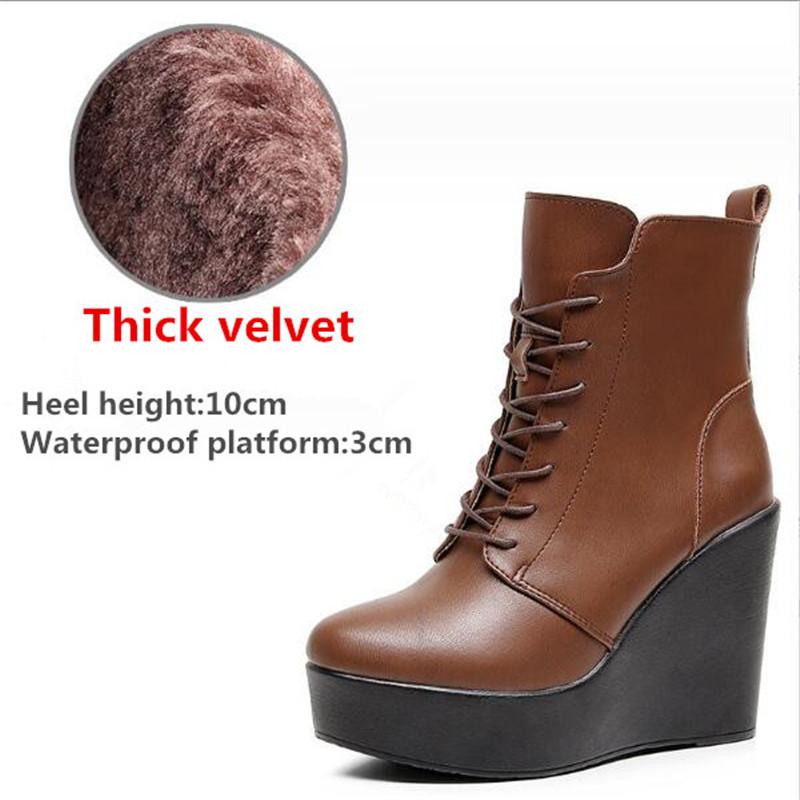 Women Genuine Leather Ankle Boots Winter Female Plush Snow Boots Platform Wedge Boots Women's High Heel Shoes Size 33-43
