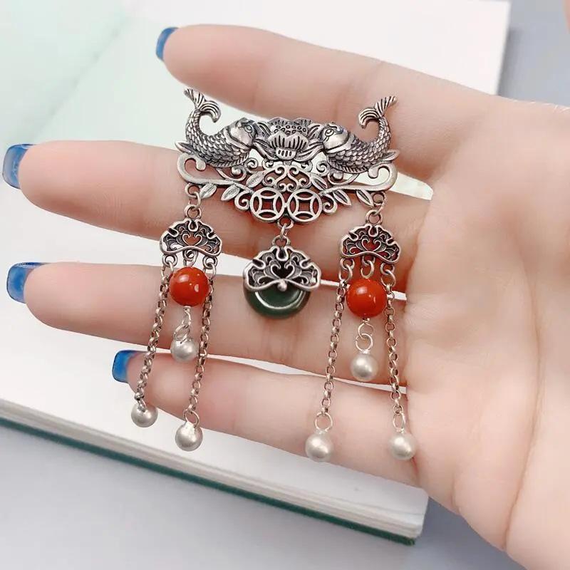 Exaggerated Ethnic Style 925 Sterling Silver Fish Lotus Pendant Necklace for Women with Safety Buckle
