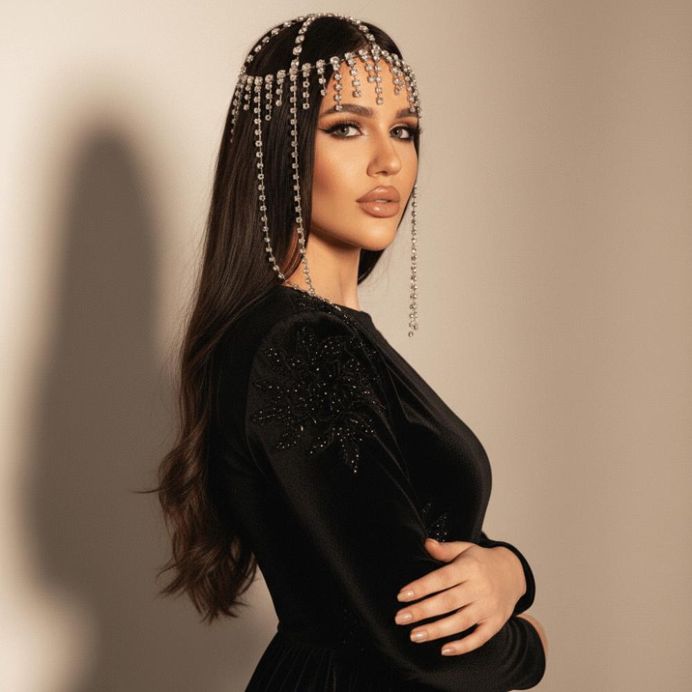 Flash Rhinestone Cap Headpiece Full Rhinestone Inlay Tassel Headband  Stage Performance